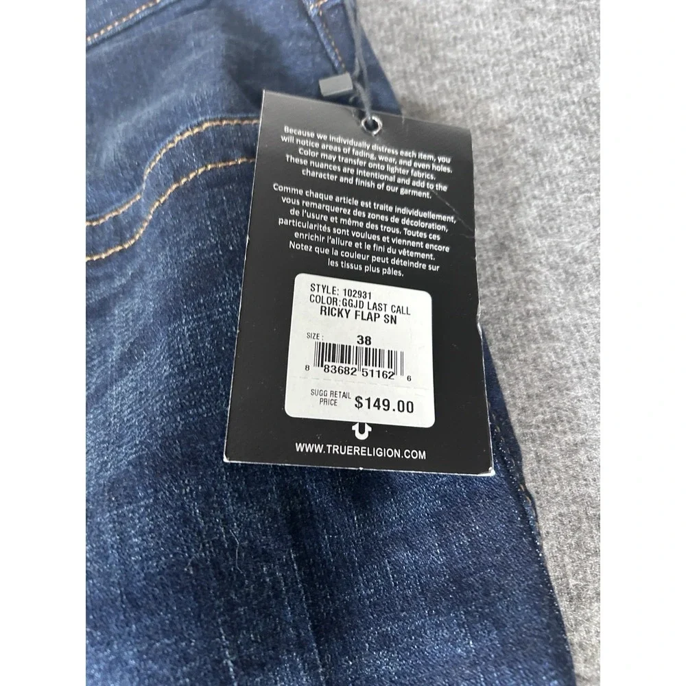 NEW True Religion‎ Jeans Mens 38X34 Dark Blue Denim Pants Ricky Relaxed Straight